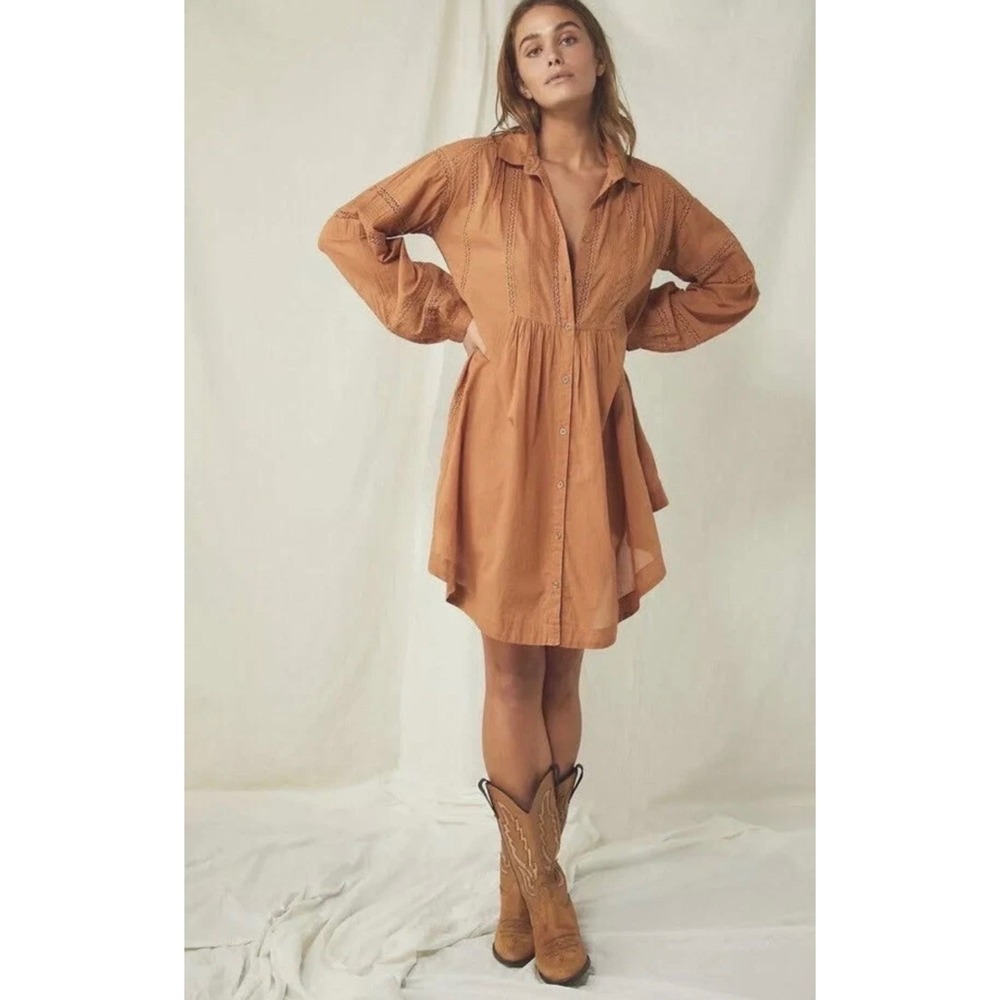 Free People Victorian Buttondown Cotton Lace Tunic XS Burnt Orange Boho